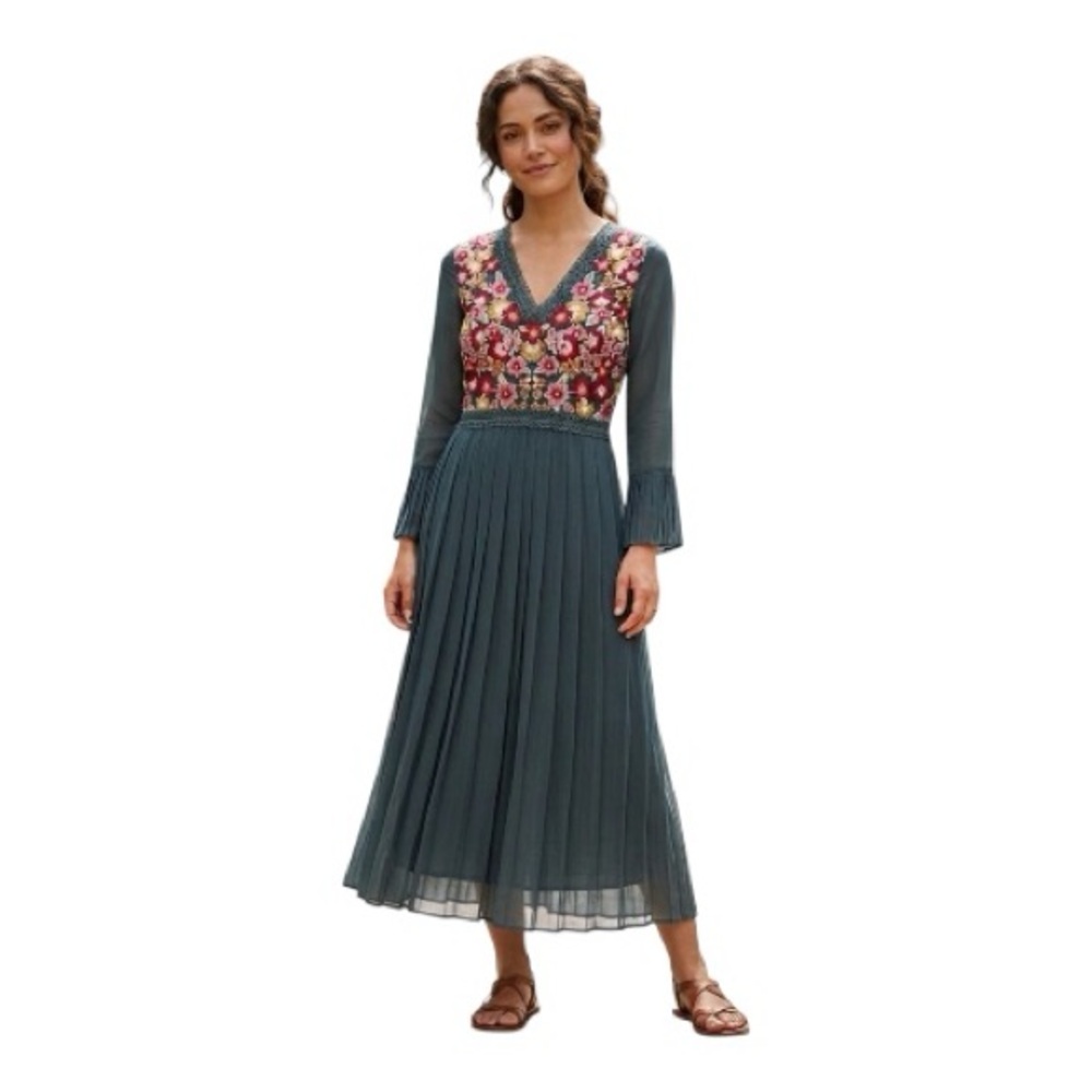 Savanna Jane Boho Maxi Dress Embroidered Floral Top Sheer Sleeves Skirt Sz Small